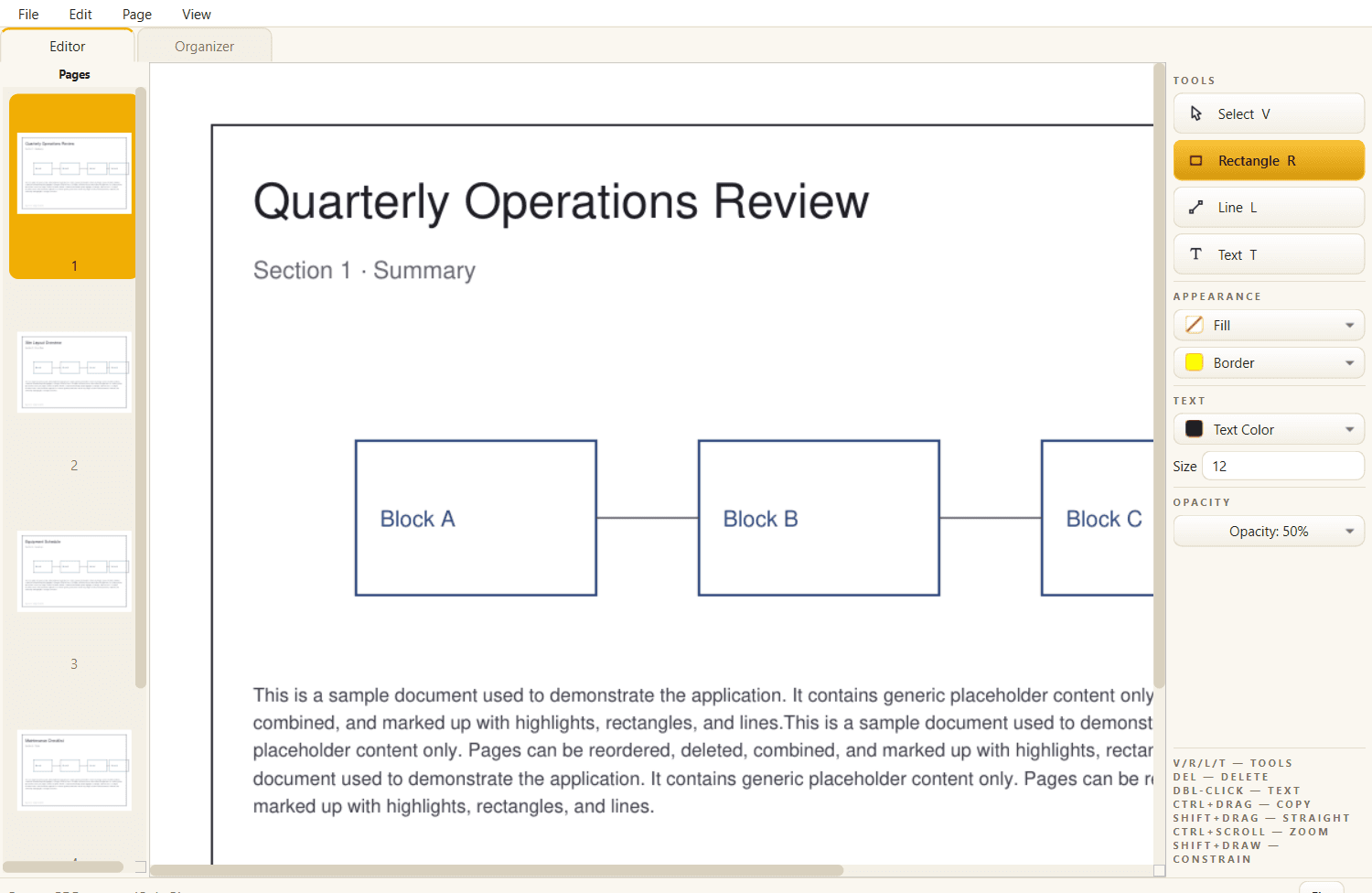 Rapid PDF editor in light theme, marking up a sample document